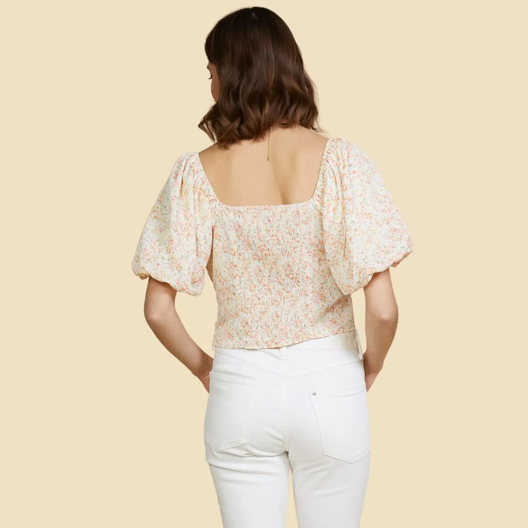 Smocked Floral Print Top (Mango Sorbet)