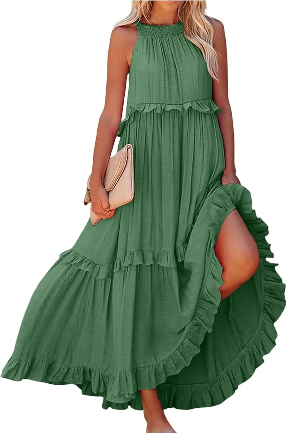 Smocked Halter Maxi Dress for Women Elegant Loose Flowy Tiered Ruffle Dress Summer Swing Tie Back Beach Dresses