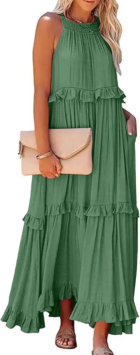 Smocked Halter Maxi Dress for Women Elegant Loose Flowy Tiered Ruffle Dress Summer Swing Tie Back Beach Dresses