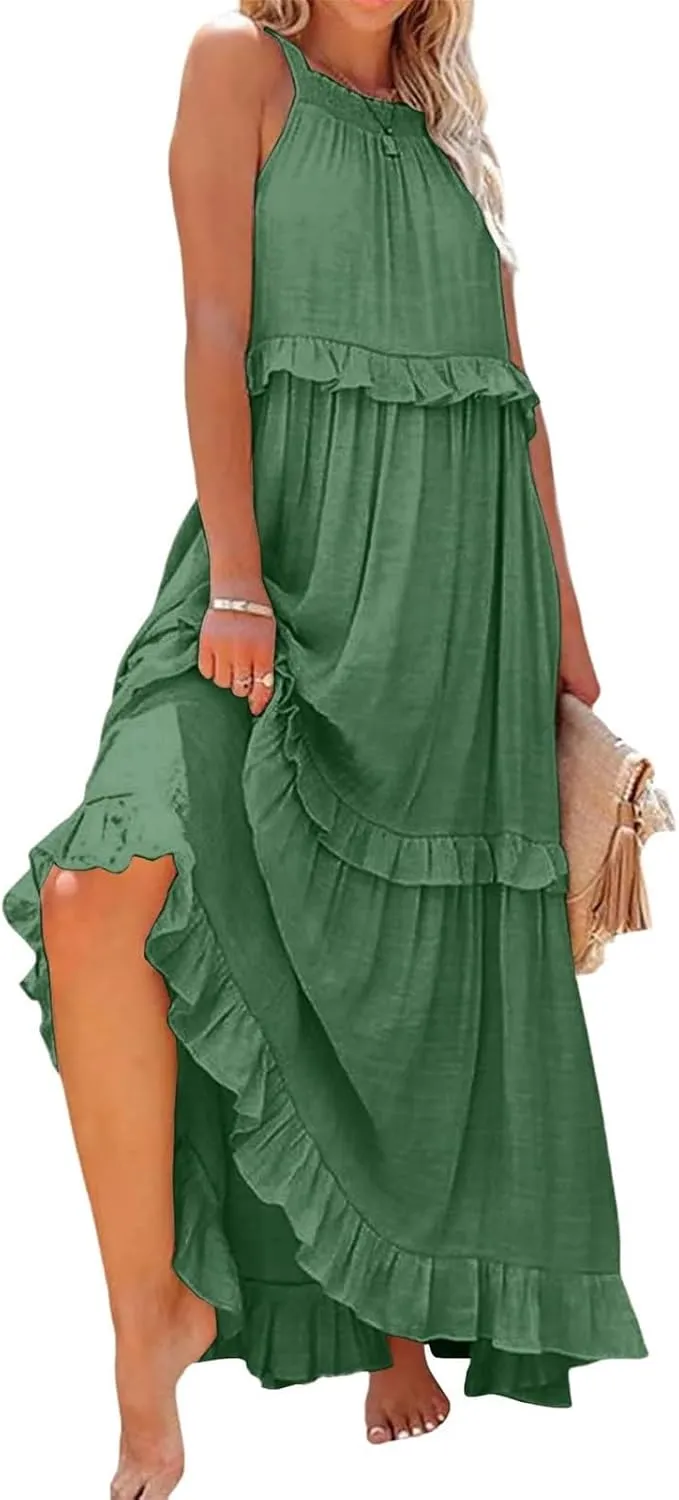 Smocked Halter Maxi Dress for Women Elegant Loose Flowy Tiered Ruffle Dress Summer Swing Tie Back Beach Dresses