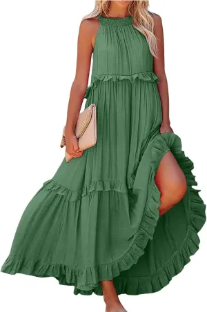 Smocked Halter Maxi Dress for Women Elegant Loose Flowy Tiered Ruffle Dress Summer Swing Tie Back Beach Dresses