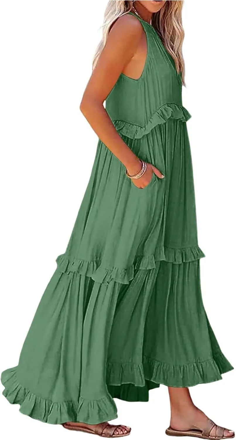 Smocked Halter Maxi Dress for Women Elegant Loose Flowy Tiered Ruffle Dress Summer Swing Tie Back Beach Dresses