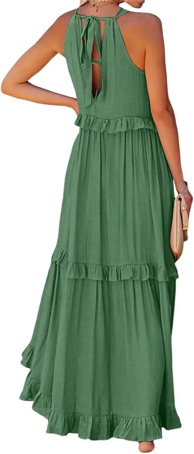 Smocked Halter Maxi Dress for Women Elegant Loose Flowy Tiered Ruffle Dress Summer Swing Tie Back Beach Dresses