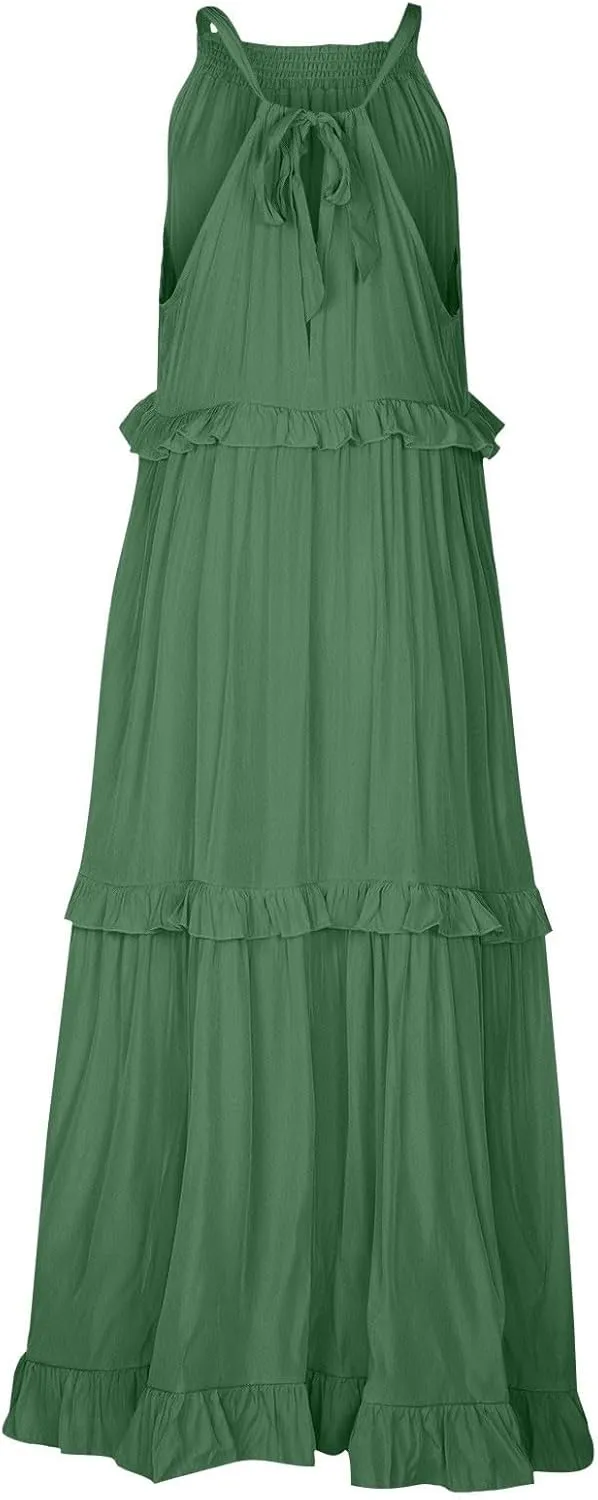Smocked Halter Maxi Dress for Women Elegant Loose Flowy Tiered Ruffle Dress Summer Swing Tie Back Beach Dresses