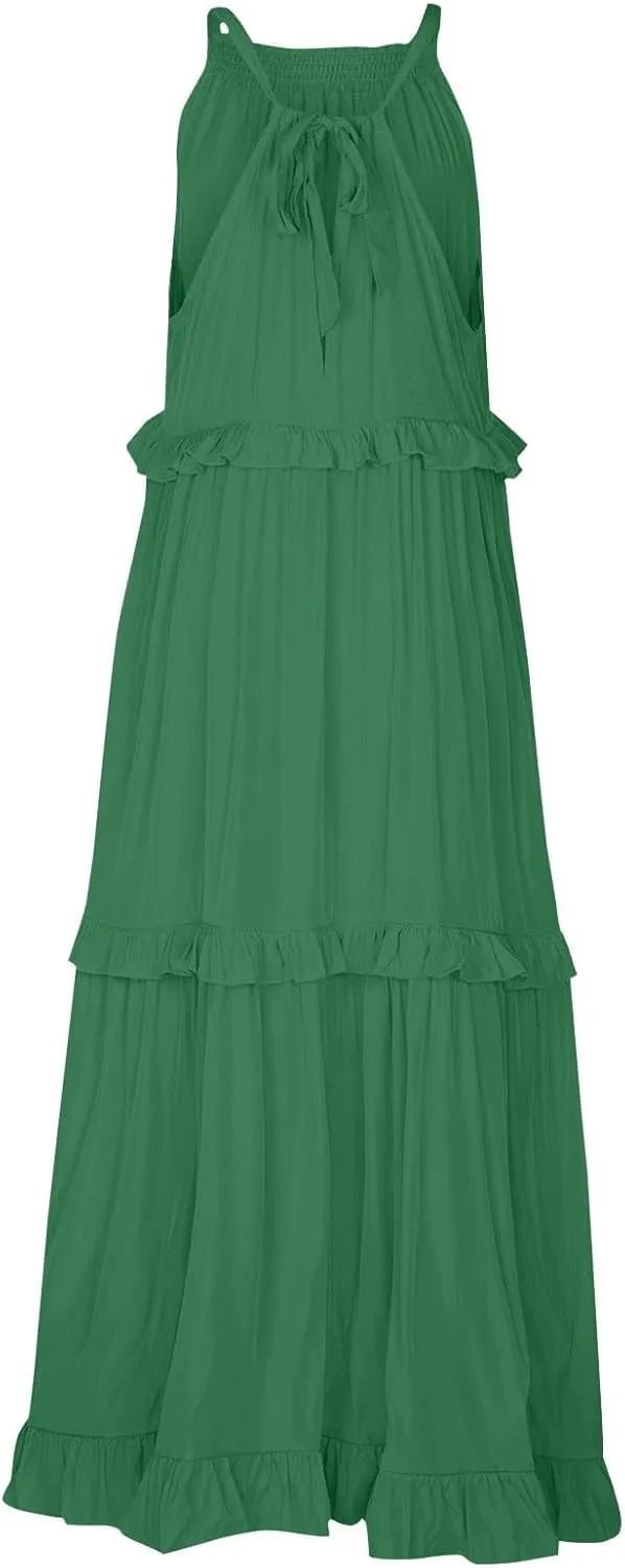 Smocked Halter Maxi Dress for Women Elegant Loose Flowy Tiered Ruffle Dress Summer Swing Tie Back Beach Dresses