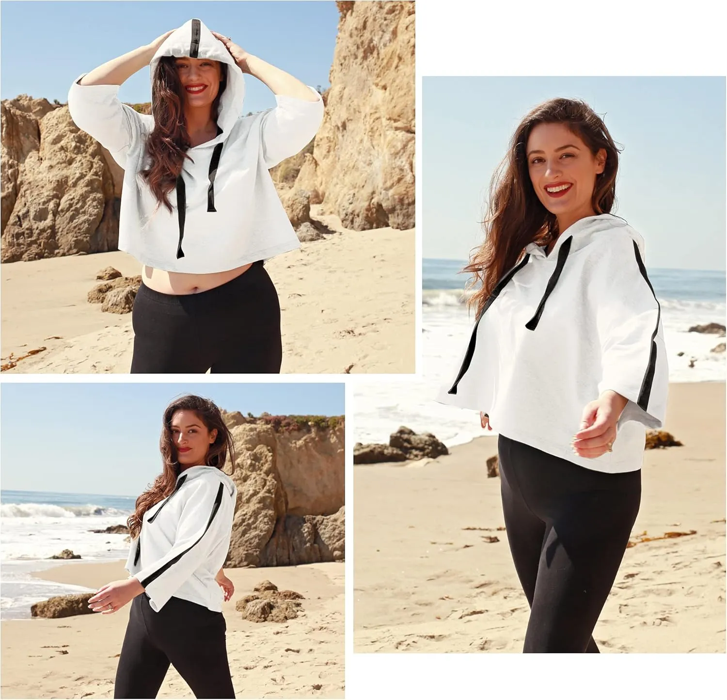 Solaris Loose Women's Crop Tops Hoodie Sweatshirt, 3/4 Sleeve Comfortable Soft Pullover T-Shirt for Outdoor Running