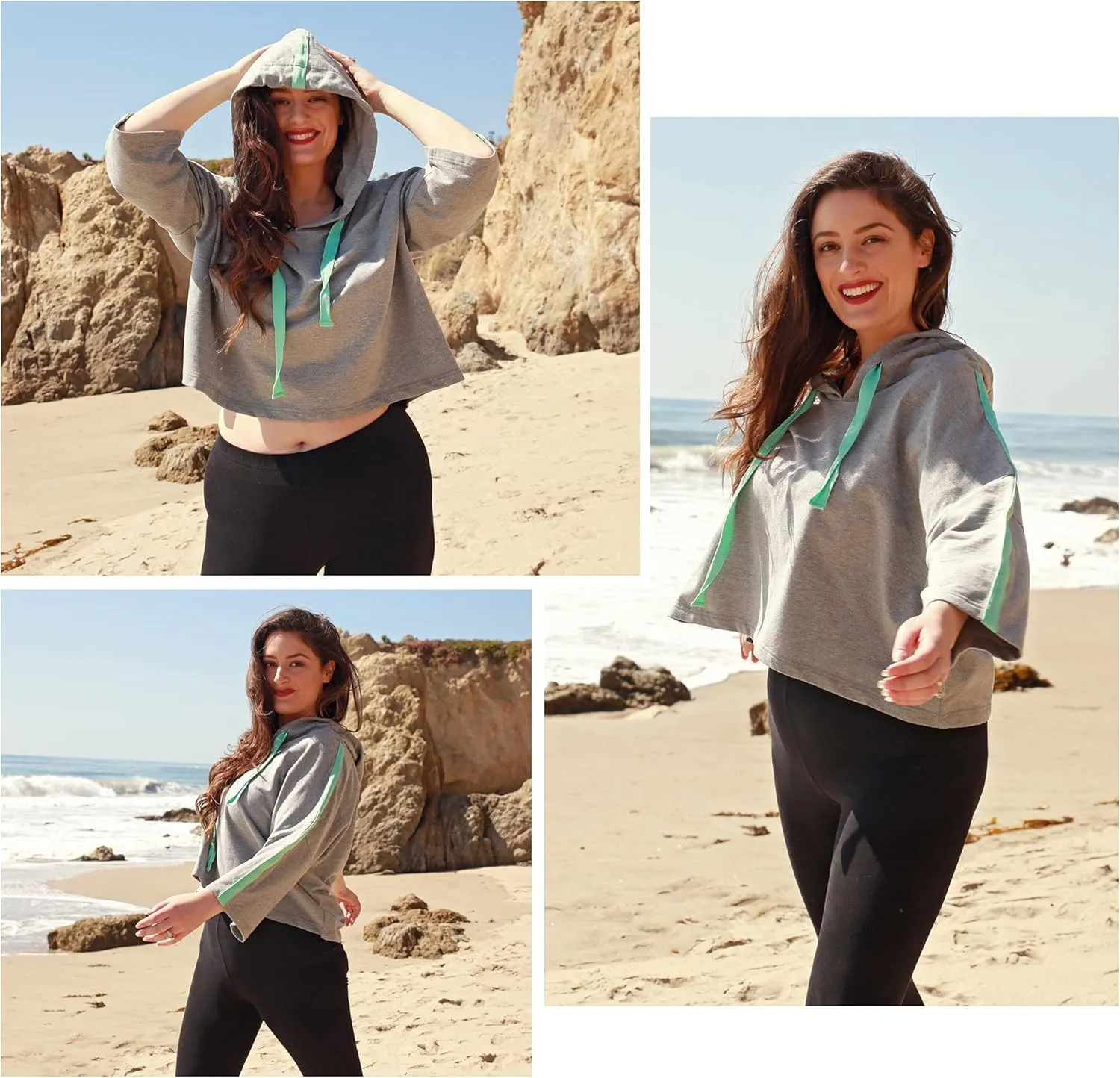 Solaris Loose Women's Crop Tops Hoodie Sweatshirt, 3/4 Sleeve Comfortable Soft Pullover T-Shirt for Outdoor Running