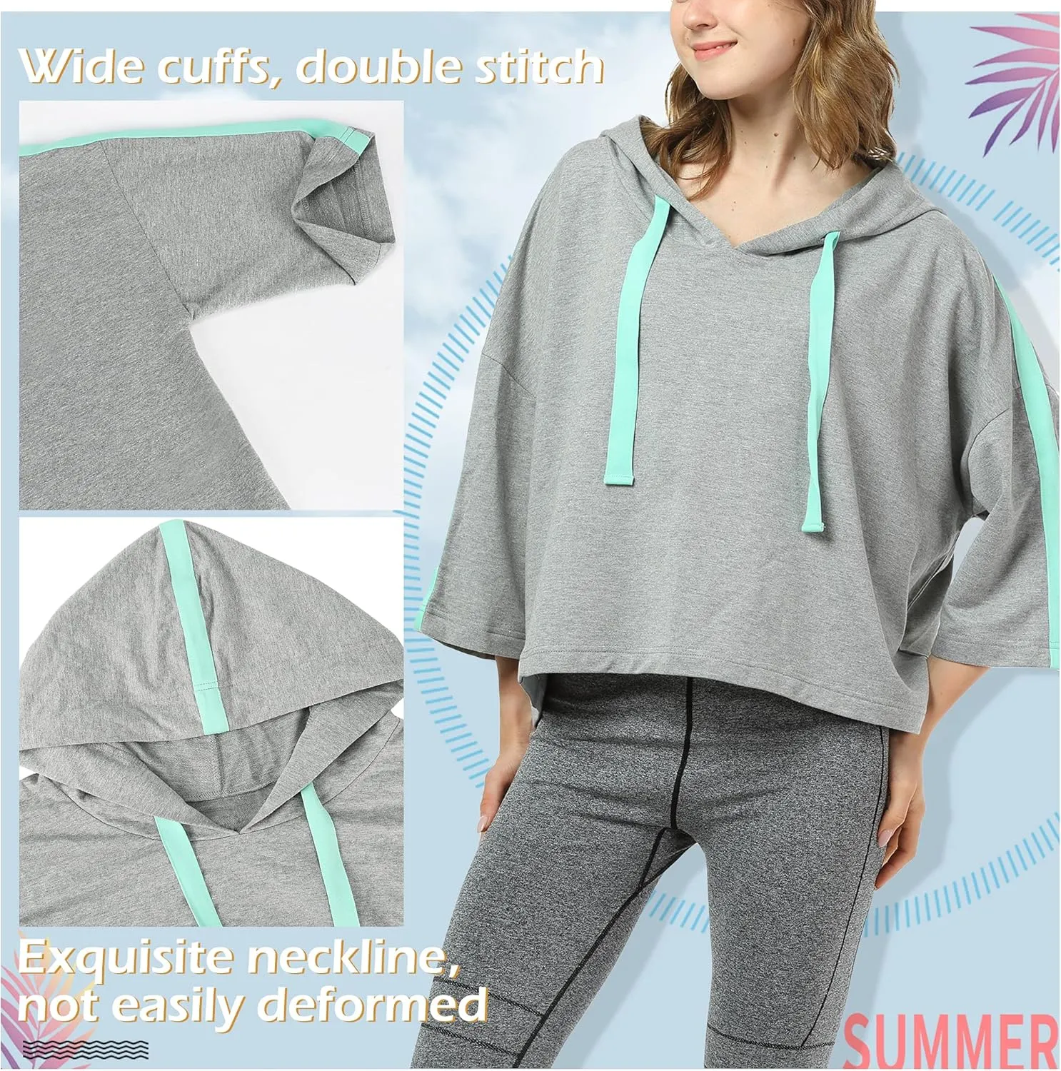 Solaris Loose Women's Crop Tops Hoodie Sweatshirt, 3/4 Sleeve Comfortable Soft Pullover T-Shirt for Outdoor Running