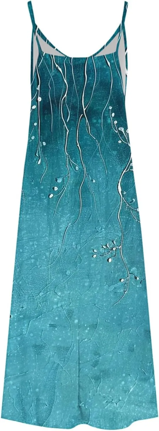 Spaghetti Strap Maxi Dresses for Women V Neck Sexy Casual Elegant Dress Summer Holiday Long Vintage Floral Sundress