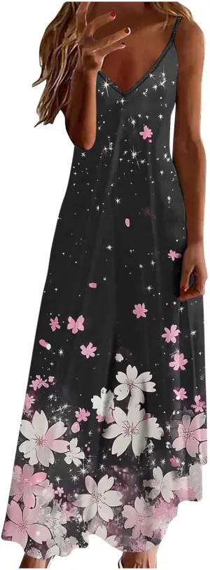 Spaghetti Strap Maxi Dresses for Women V Neck Sexy Casual Elegant Dress Summer Holiday Long Vintage Floral Sundress