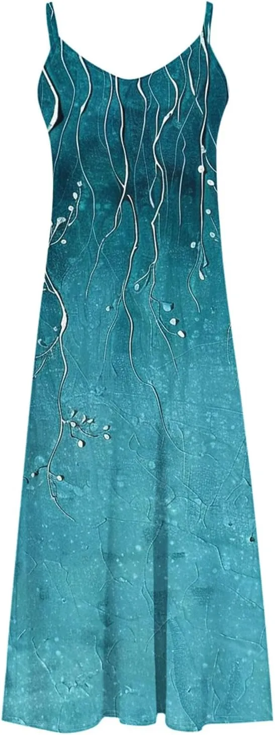 Spaghetti Strap Maxi Dresses for Women V Neck Sexy Casual Elegant Dress Summer Holiday Long Vintage Floral Sundress
