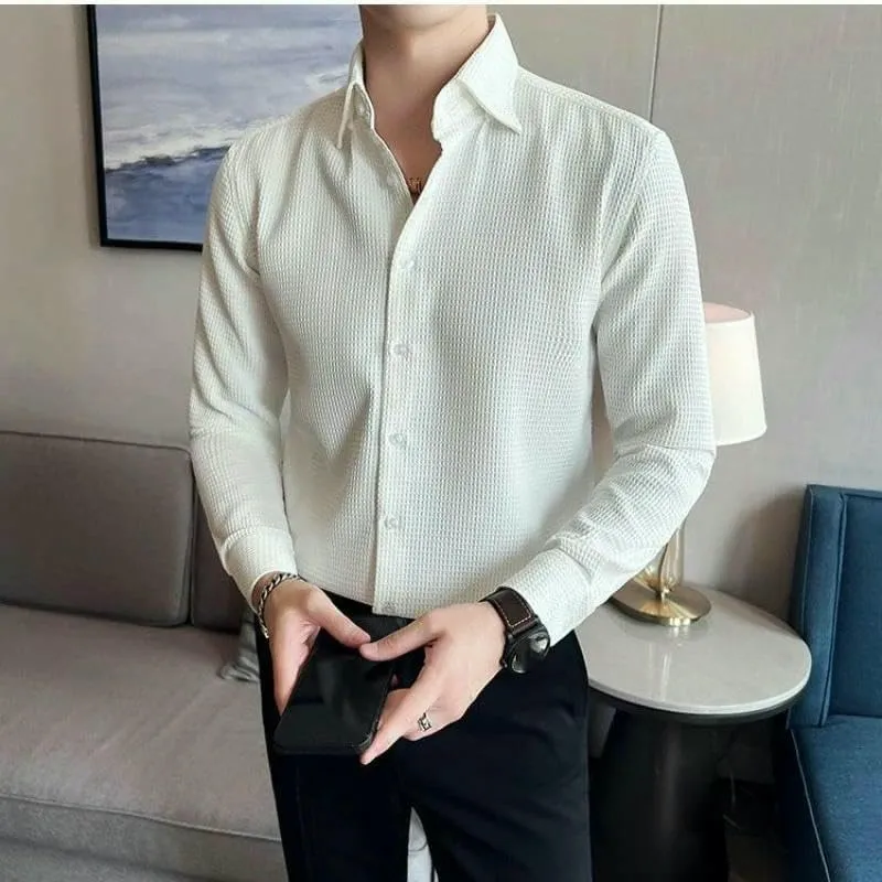 Spring Fall Men's Shirt Casual Slim Fit Long Sleeve Solid Color Shirts Non Iron Wrinkle Resistant Business Tops