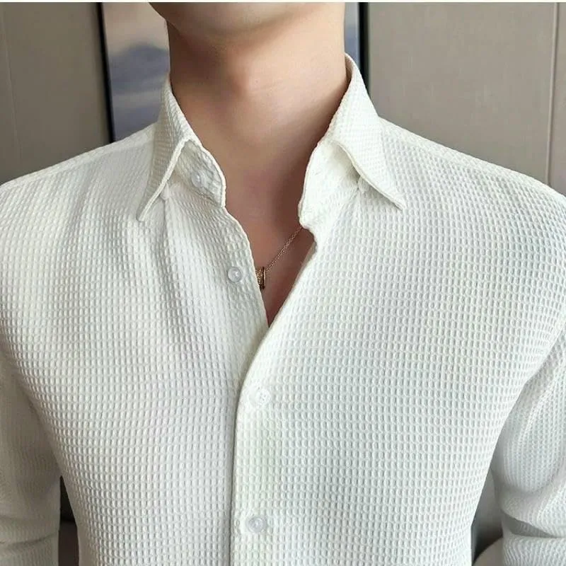 Spring Fall Men's Shirt Casual Slim Fit Long Sleeve Solid Color Shirts Non Iron Wrinkle Resistant Business Tops