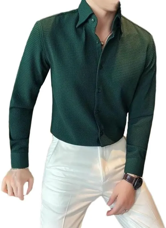 Spring Fall Men's Shirt Casual Slim Fit Long Sleeve Solid Color Shirts Non Iron Wrinkle Resistant Business Tops