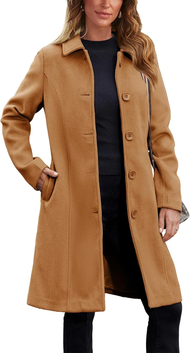 Springrain Womens Pea Coat Elegant Overcoat Single Breasted Winter Coat Dress Coat with Pockets