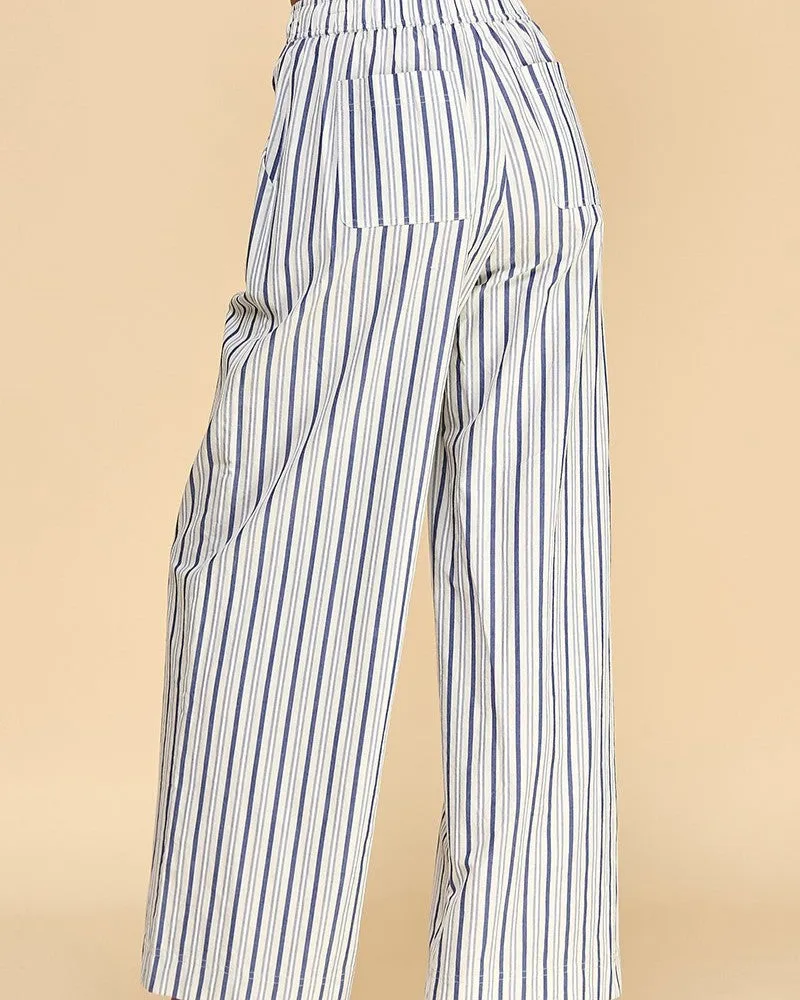 Stripe Elastic Waist Wide Leg Pants - White