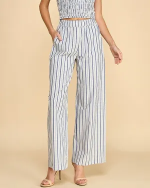 Stripe Elastic Waist Wide Leg Pants - White