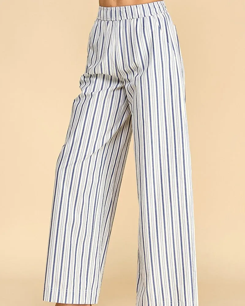 Stripe Elastic Waist Wide Leg Pants - White