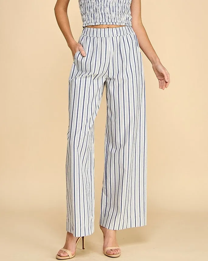 Stripe Elastic Waist Wide Leg Pants - White
