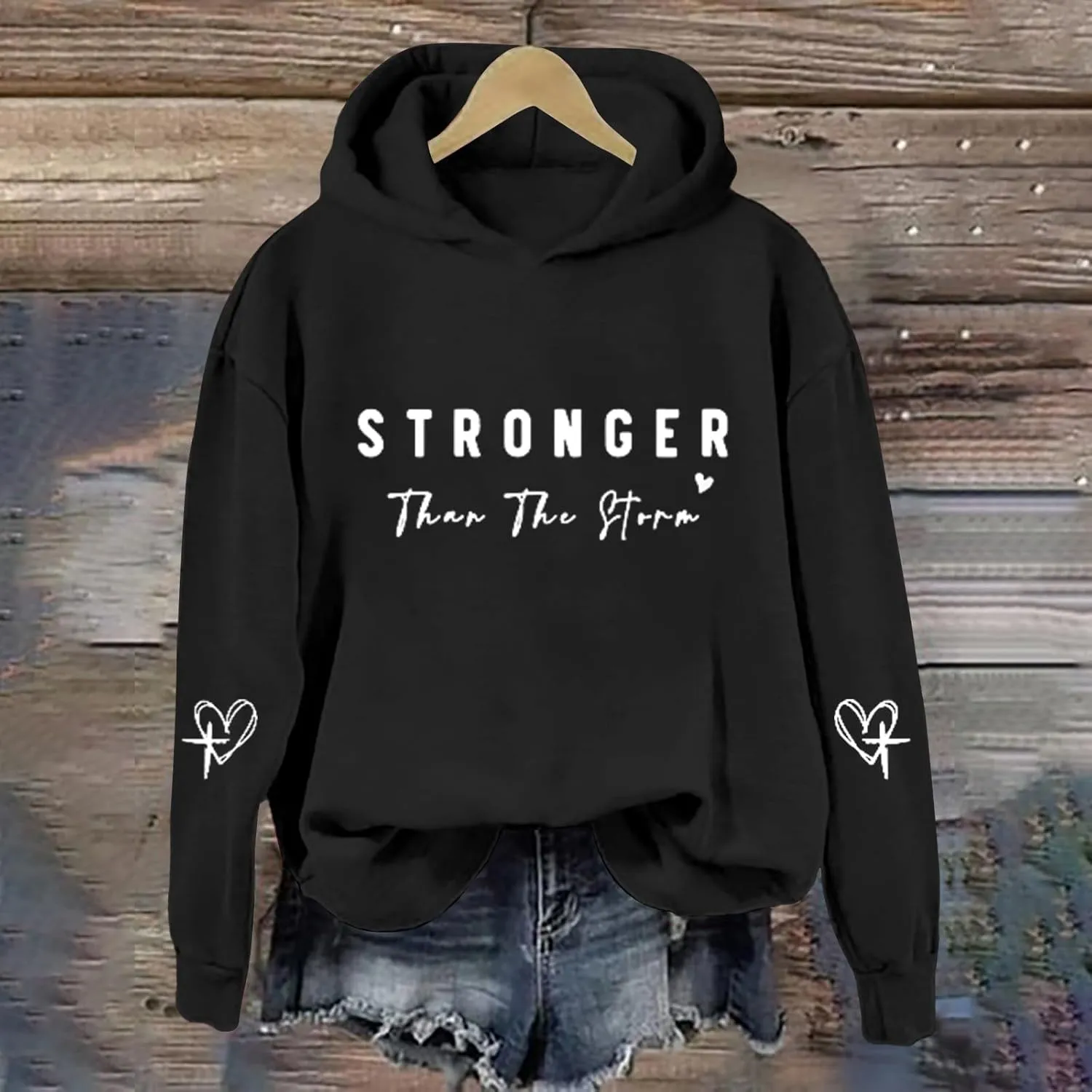 Stronger Than The Storm Hoodies for Women Letter Printed Long Sleeve Sweatshirt Oversized Soft Casual Tops Sweater