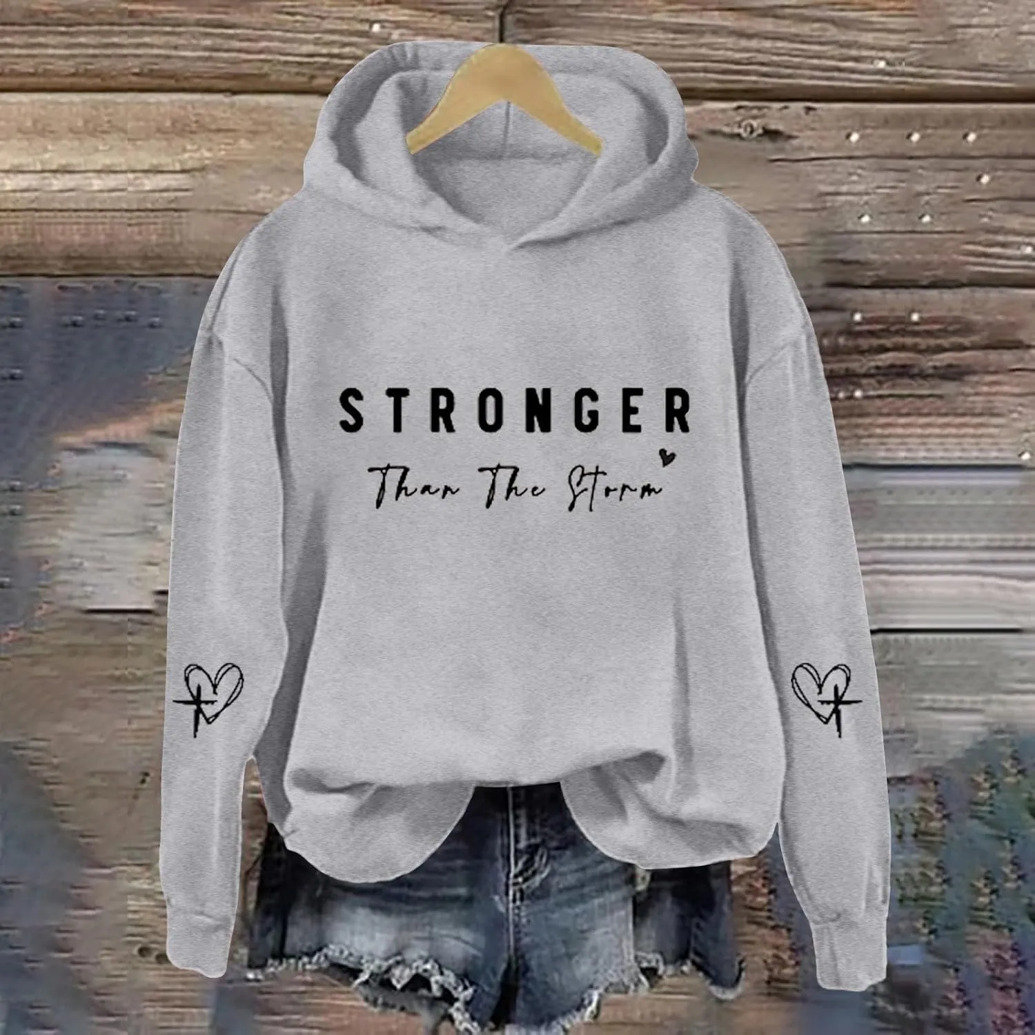Stronger Than The Storm Hoodies for Women Letter Printed Long Sleeve Sweatshirt Oversized Soft Casual Tops Sweater