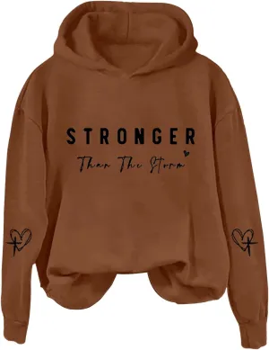 Stronger Than The Storm Hoodies for Women Letter Printed Long Sleeve Sweatshirt Oversized Soft Casual Tops Sweater