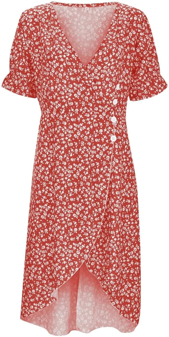 Summer Beach Dresses for Women 2025 Floral Sundress Elegant V Neck Short Sleeve Irregular Hem Boho Midi Dress Spring