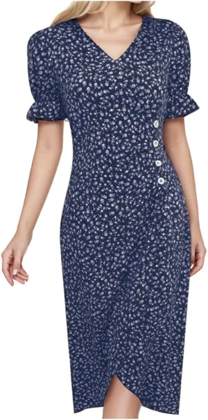 Summer Beach Dresses for Women 2025 Floral Sundress Elegant V Neck Short Sleeve Irregular Hem Boho Midi Dress Spring