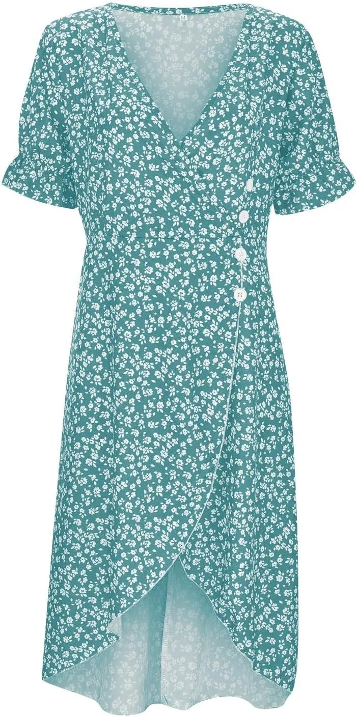 Summer Beach Dresses for Women 2025 Floral Sundress Elegant V Neck Short Sleeve Irregular Hem Boho Midi Dress Spring