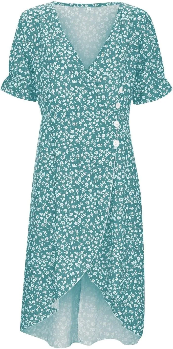 Summer Beach Dresses for Women 2025 Floral Sundress Elegant V Neck Short Sleeve Irregular Hem Boho Midi Dress Spring