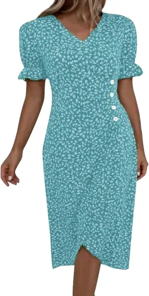 Summer Beach Dresses for Women 2025 Floral Sundress Elegant V Neck Short Sleeve Irregular Hem Boho Midi Dress Spring