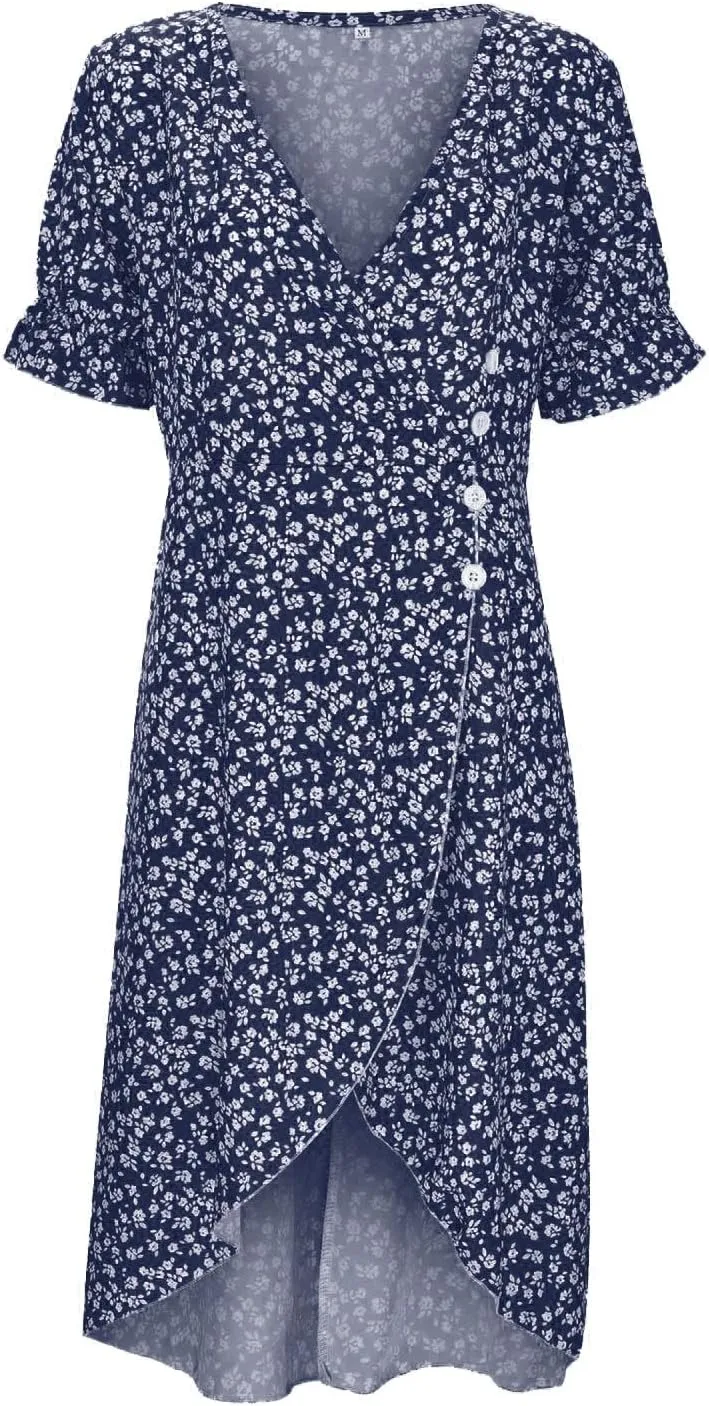 Summer Beach Dresses for Women 2025 Floral Sundress Elegant V Neck Short Sleeve Irregular Hem Boho Midi Dress Spring