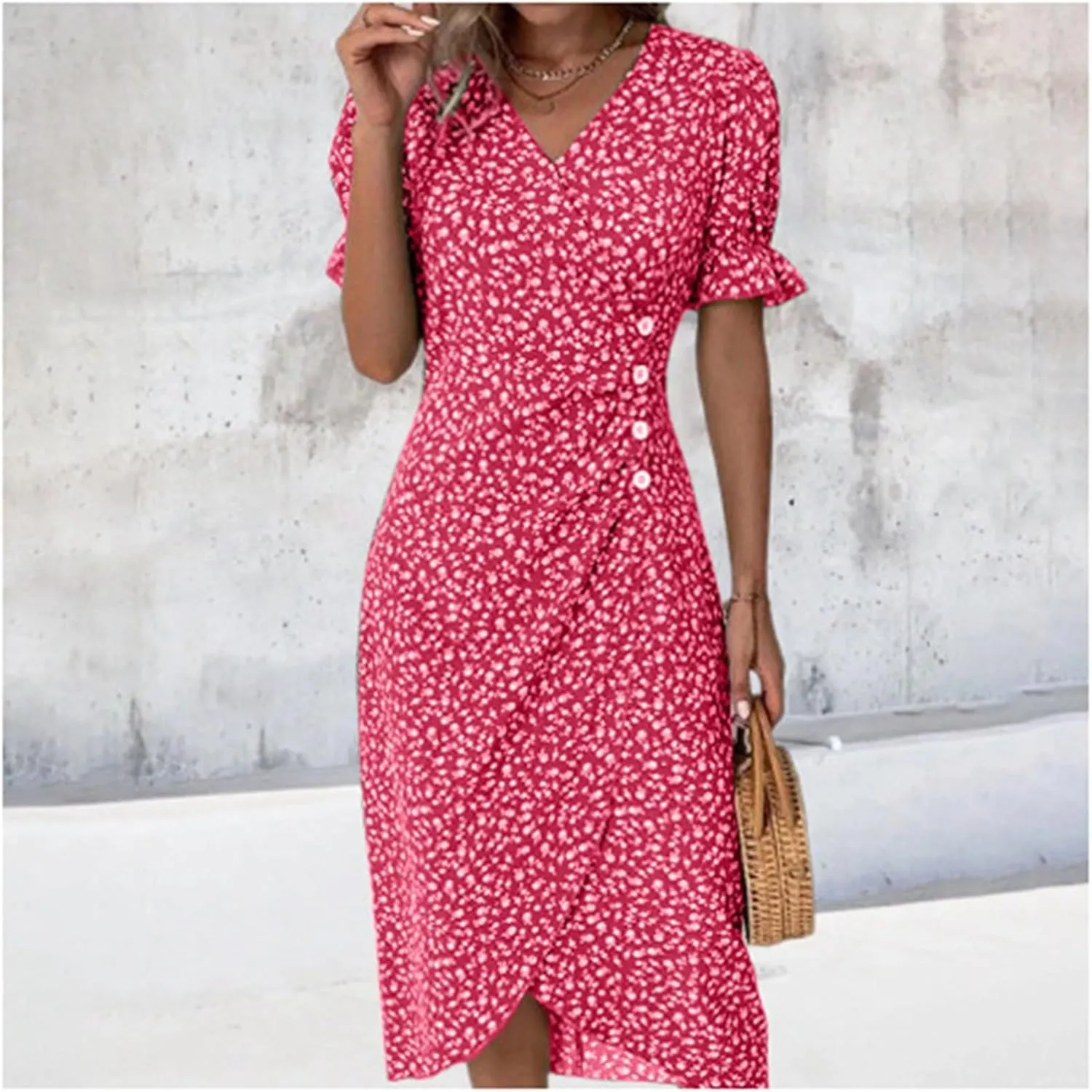 Summer Beach Dresses for Women 2025 Floral Sundress Elegant V Neck Short Sleeve Irregular Hem Boho Midi Dress Spring