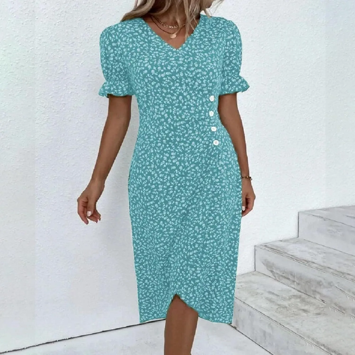 Summer Beach Dresses for Women 2025 Floral Sundress Elegant V Neck Short Sleeve Irregular Hem Boho Midi Dress Spring
