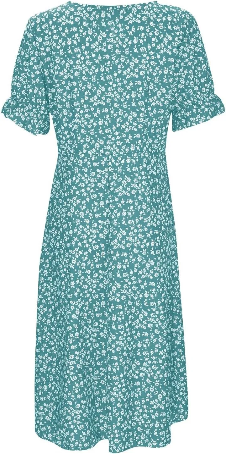 Summer Beach Dresses for Women 2025 Floral Sundress Elegant V Neck Short Sleeve Irregular Hem Boho Midi Dress Spring