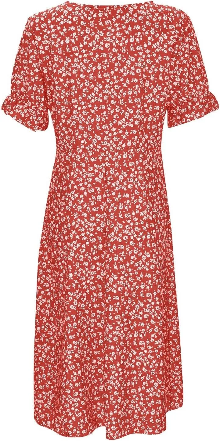 Summer Beach Dresses for Women 2025 Floral Sundress Elegant V Neck Short Sleeve Irregular Hem Boho Midi Dress Spring