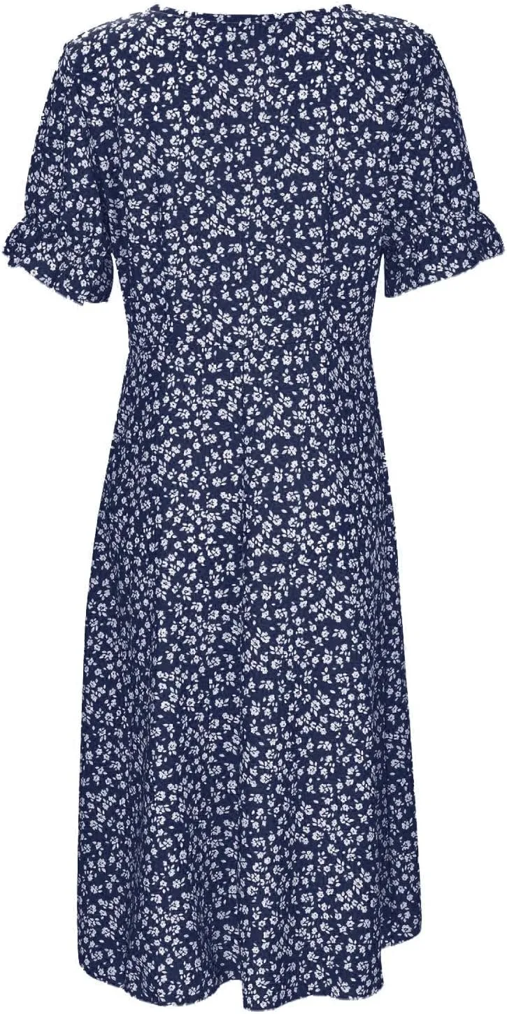 Summer Beach Dresses for Women 2025 Floral Sundress Elegant V Neck Short Sleeve Irregular Hem Boho Midi Dress Spring