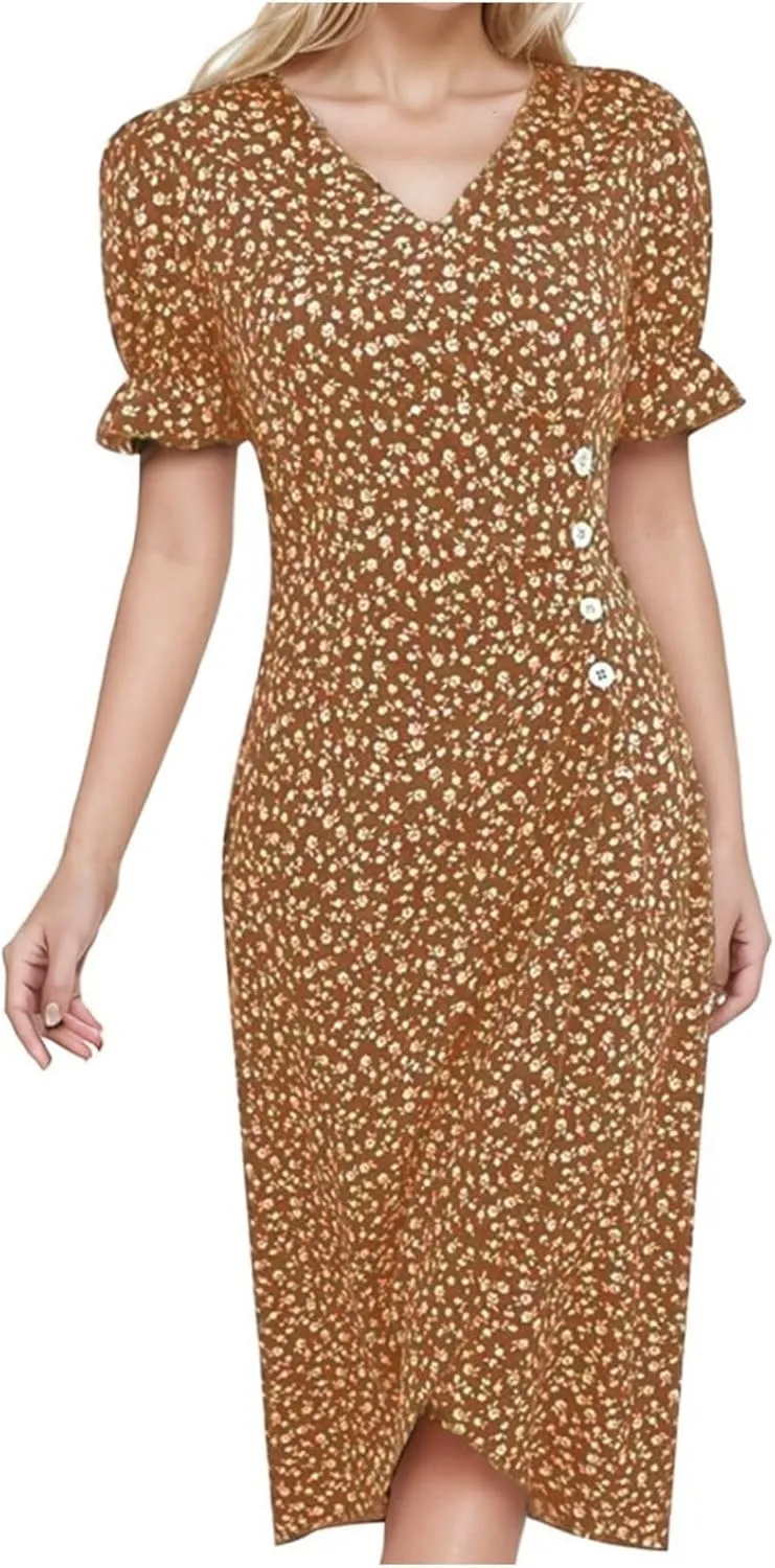 Summer Beach Dresses for Women 2025 Floral Sundress Elegant V Neck Short Sleeve Irregular Hem Boho Midi Dress Spring