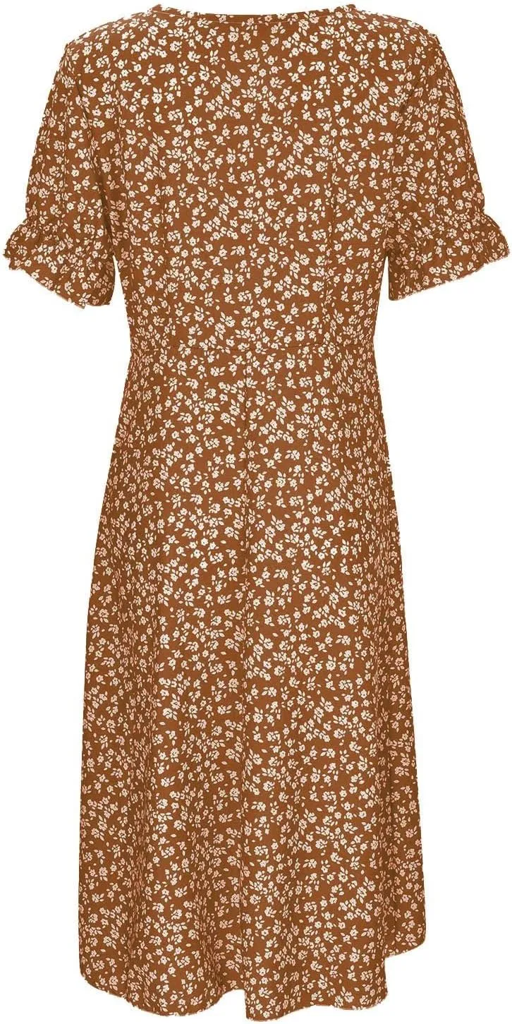 Summer Beach Dresses for Women 2025 Floral Sundress Elegant V Neck Short Sleeve Irregular Hem Boho Midi Dress Spring
