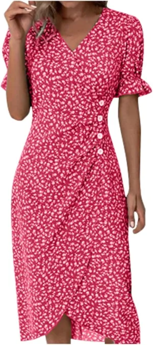 Summer Beach Dresses for Women 2025 Floral Sundress Elegant V Neck Short Sleeve Irregular Hem Boho Midi Dress Spring