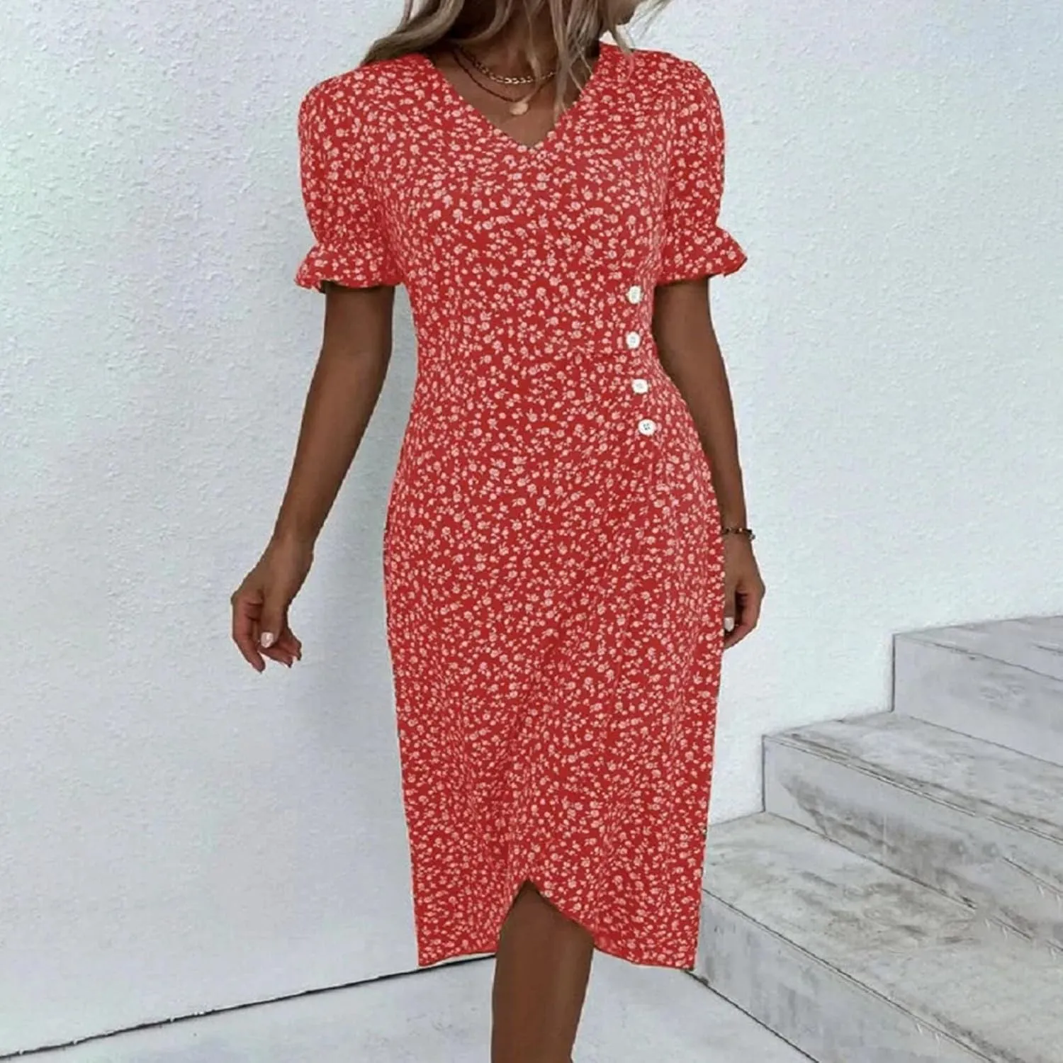 Summer Beach Dresses for Women 2025 Floral Sundress Elegant V Neck Short Sleeve Irregular Hem Boho Midi Dress Spring