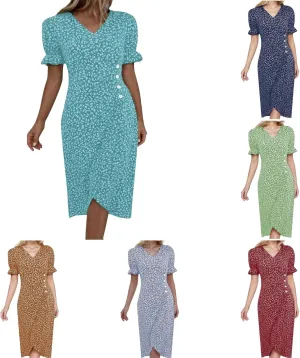Summer Beach Dresses for Women 2025 Floral Sundress Elegant V Neck Short Sleeve Irregular Hem Boho Midi Dress Spring