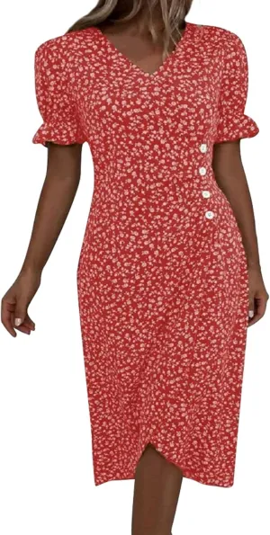 Summer Beach Dresses for Women 2025 Floral Sundress Elegant V Neck Short Sleeve Irregular Hem Boho Midi Dress Spring