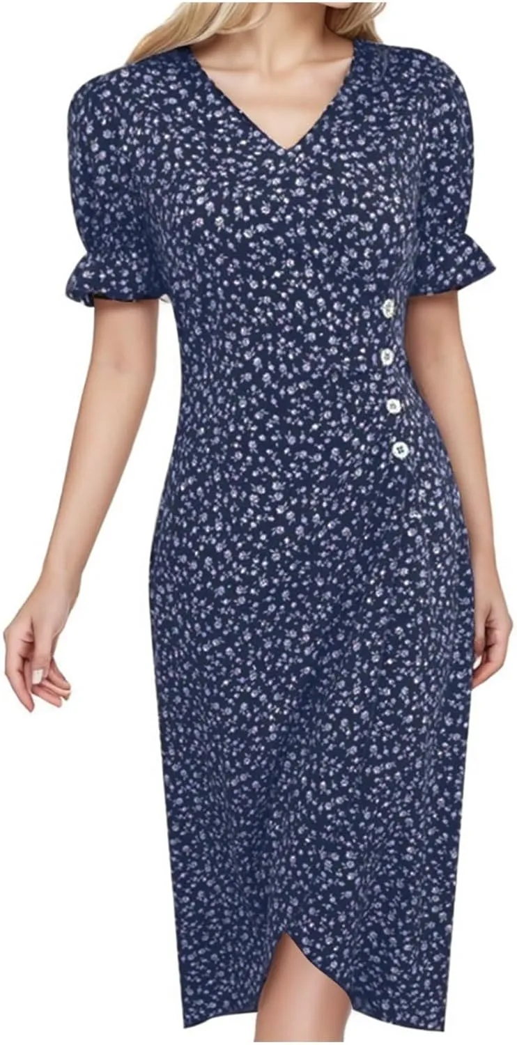 Summer Beach Dresses for Women 2025 Floral Sundress Elegant V Neck Short Sleeve Irregular Hem Boho Midi Dress Spring