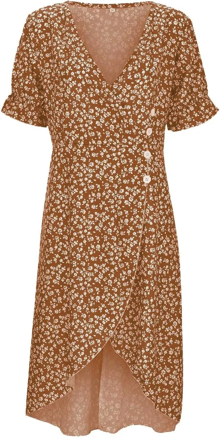 Summer Beach Dresses for Women 2025 Floral Sundress Elegant V Neck Short Sleeve Irregular Hem Boho Midi Dress Spring