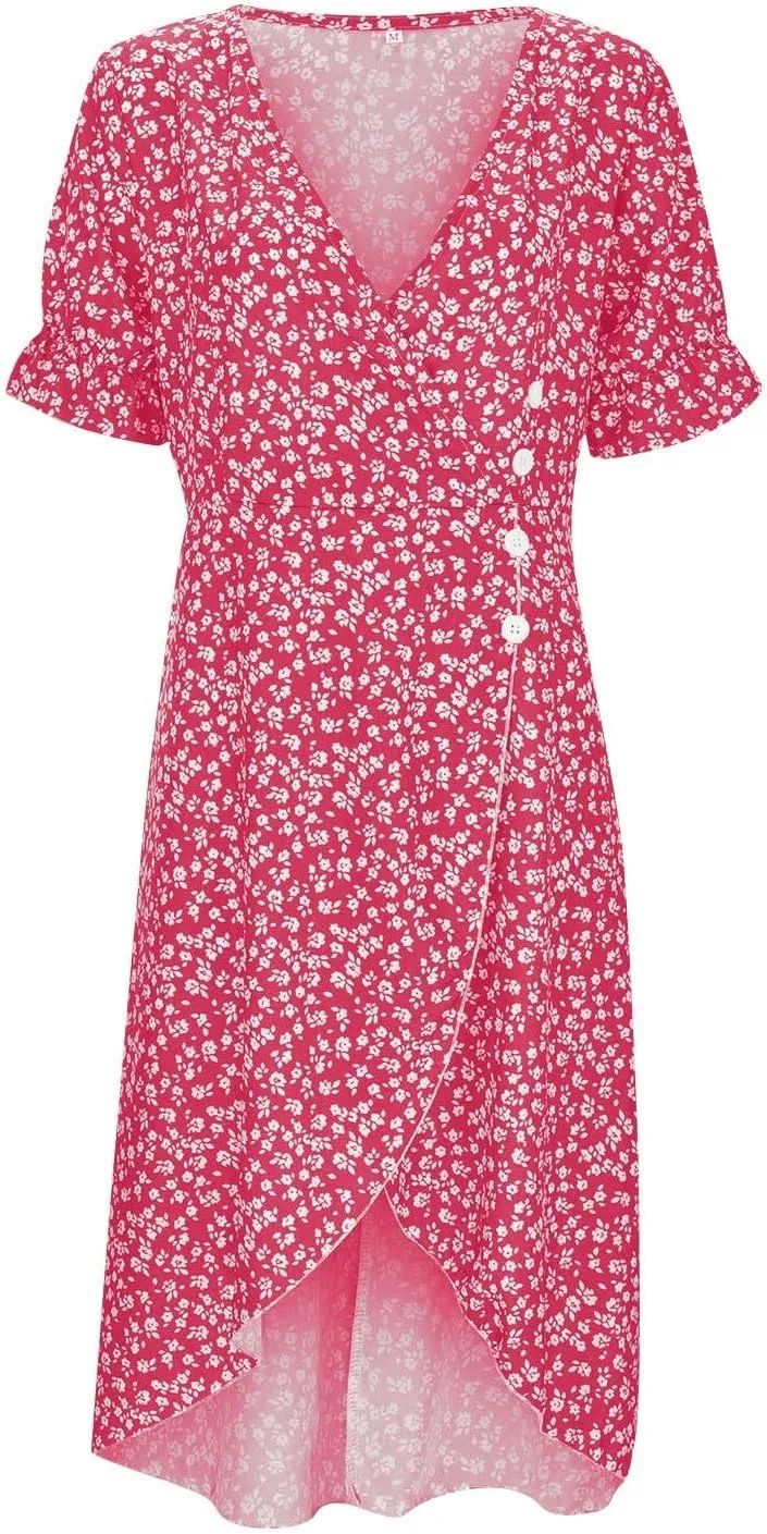 Summer Beach Dresses for Women 2025 Floral Sundress Elegant V Neck Short Sleeve Irregular Hem Boho Midi Dress Spring