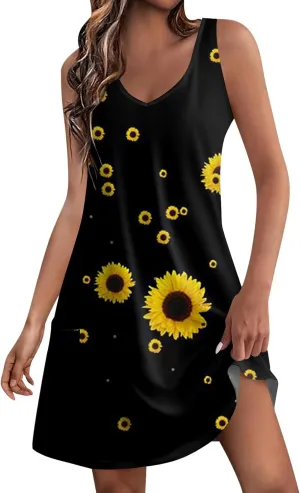 Summer Dresses for Women 2025 Casual V Neck Sleeveless Sundresses Boho Beach Tank Dresses with Pockets
