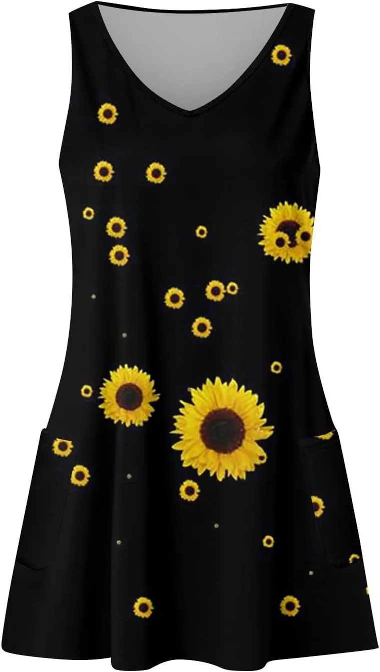 Summer Dresses for Women 2025 Casual V Neck Sleeveless Sundresses Boho Beach Tank Dresses with Pockets