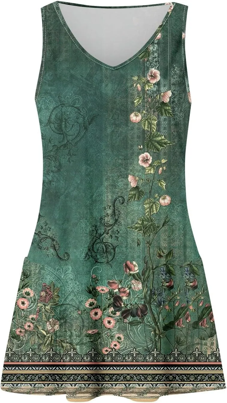 Summer Dresses for Women 2025 Casual V Neck Sleeveless Sundresses Boho Beach Tank Dresses with Pockets