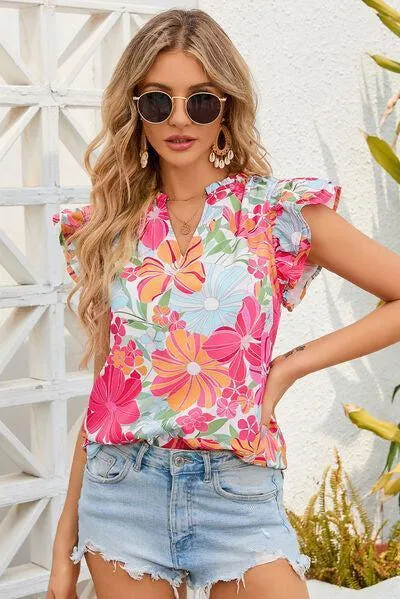 Summery Chic Flutter Sleeve Floral Blouse